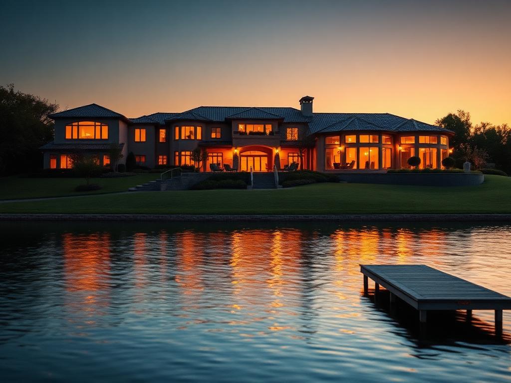 Luxury lakefront estate at dusk with private dock